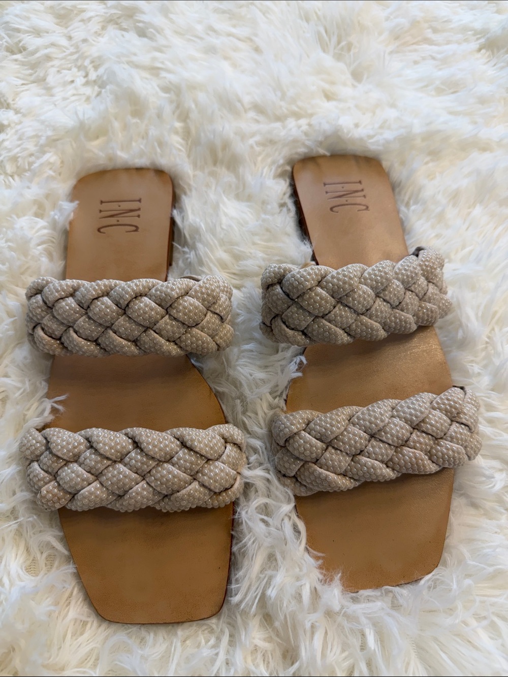 INC International Concepts Neutral Braided Double-Strap Slide Sandals